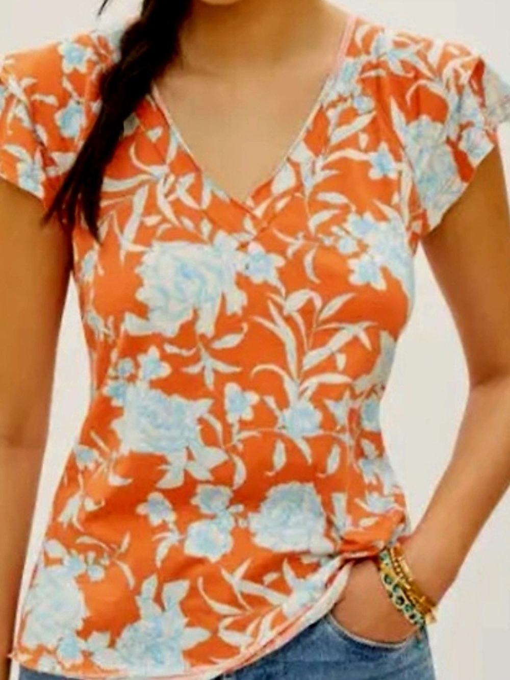 Anthropology MAEVE Floral Orange and Blue V-Neck Women's Flutter Sleeve Top